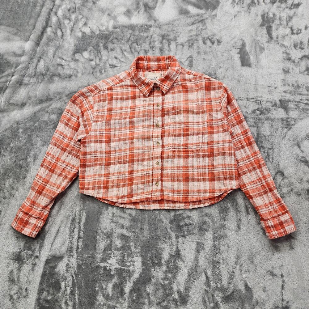 American Eagle Top Womens S Orange Plaid Cropped Flannel Distressed Long Sleeve